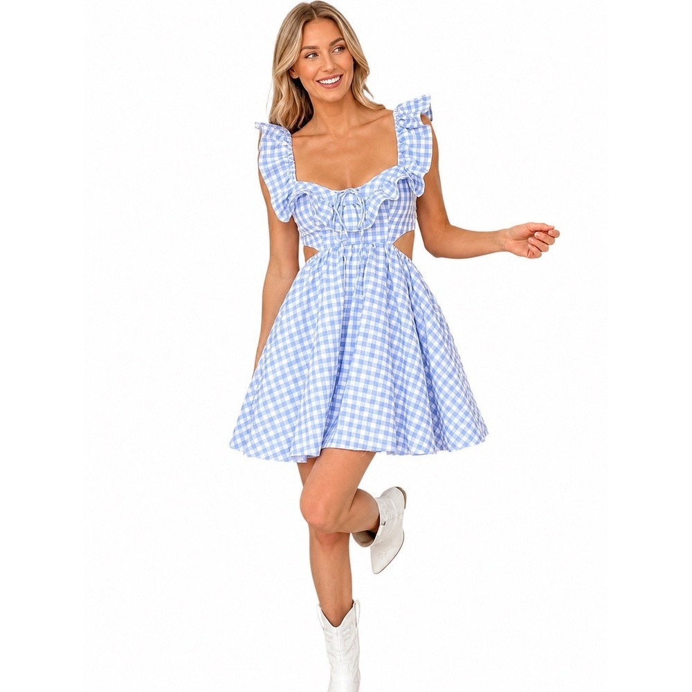 Anthropologie MABLE Blue Gingham Mini Dress L Country Festival Western Cowgirl